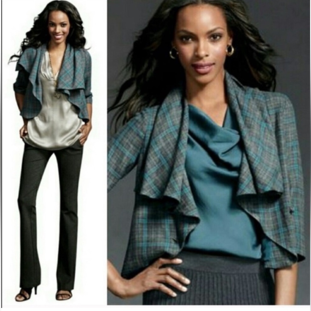 CAbi 916 gray blue PLAID Blazer Jacket 10 Flowy collar boxy 1 button lined coat